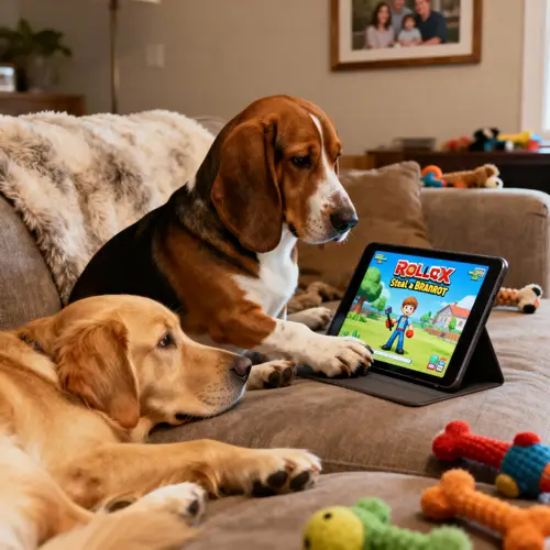 Dachshund and Golden Retriever Playing Roblox