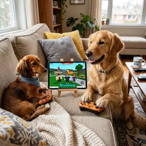 Dachshund and Golden Retriever Playing Roblox