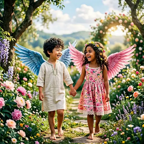 Serene Depiction of Asian Boy and Morena Girl with Angelic Wings