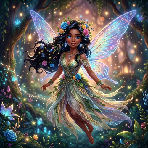 Hispanic Fairy Woman with Blue Eyes and Rose Adorned Hair