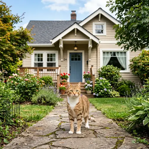 Adorable Cat Standing in Front of a House