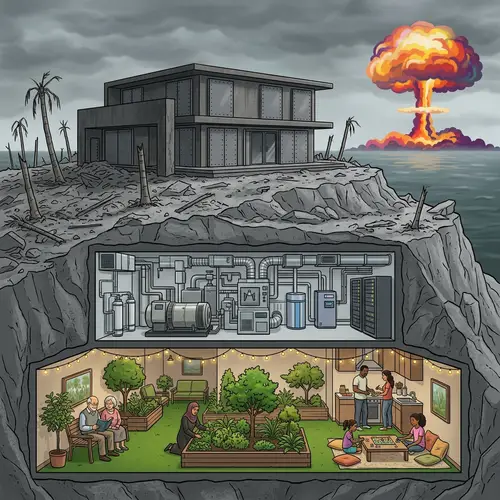 Devastated Grey Island with Intact Villa & Atomic Bomb | Illustrated Scene