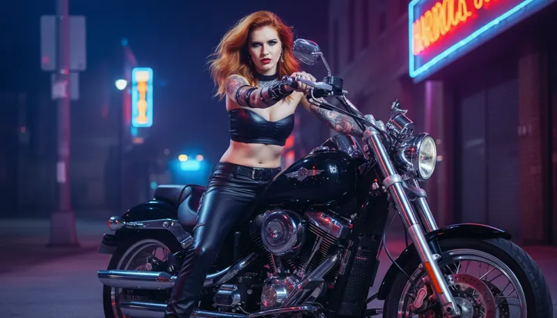 Violet on a Powerful Black Motorcycle at Night