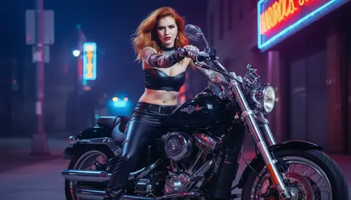 Violet on a Powerful Black Motorcycle at Night