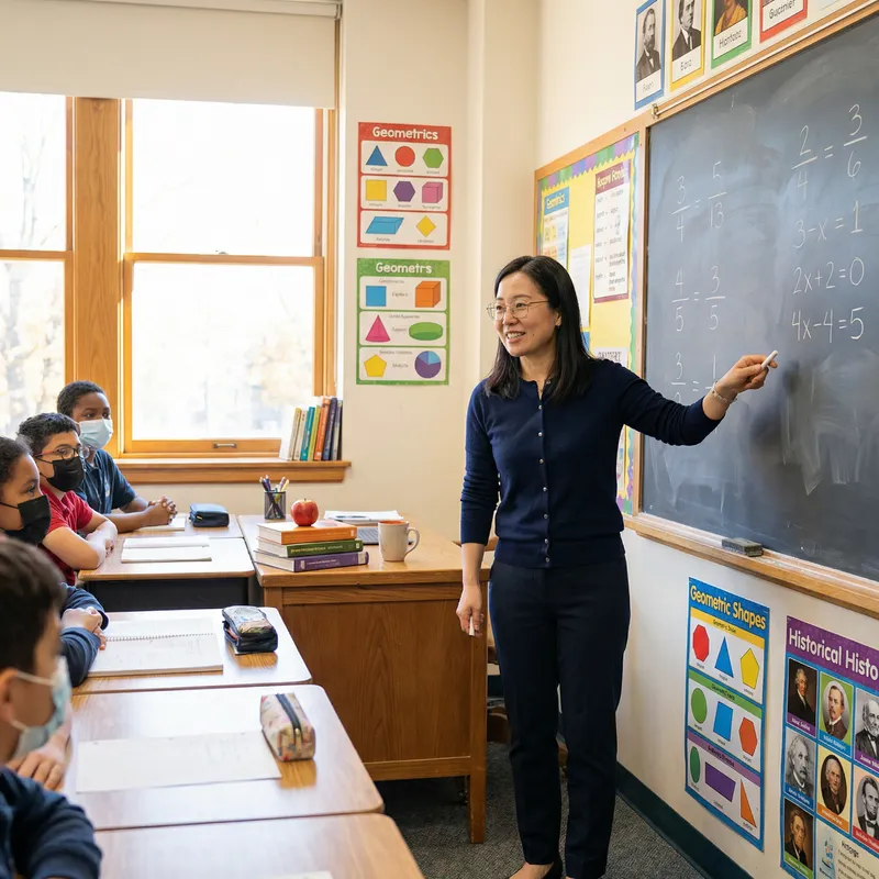 Experienced East Asian Teacher in Engaging Classroom Setting
