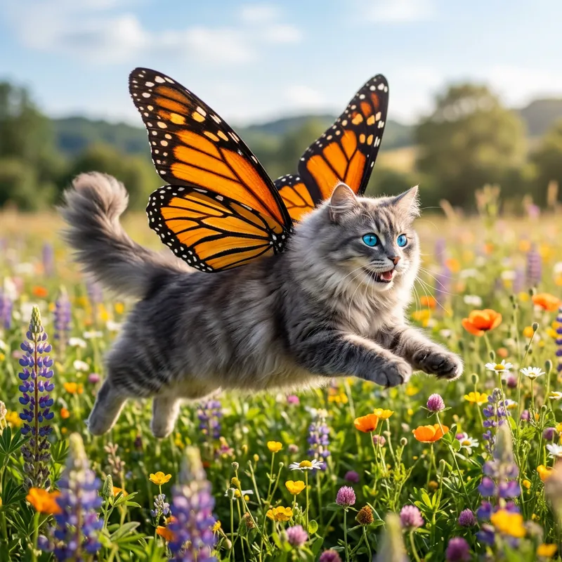 Cat with Butterfly Wings in Meadow