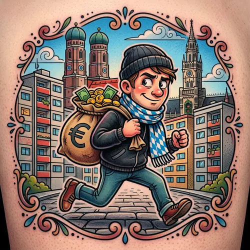 Cartoon Bank Robber Escaping with Money Sack | Munich Skyline Tattoo