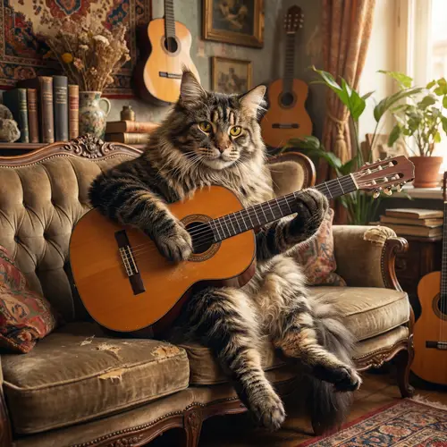 Maine Coon Cat Playing Classical Guitar