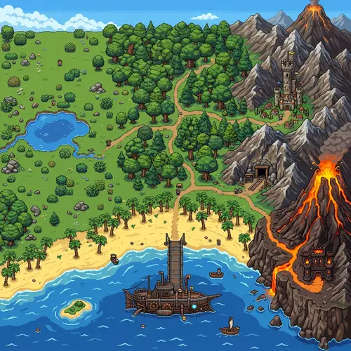 Pixel Art Image: Vast Plain, Oak Forest, Steep Mountains, Submarine, Volcano, and More
