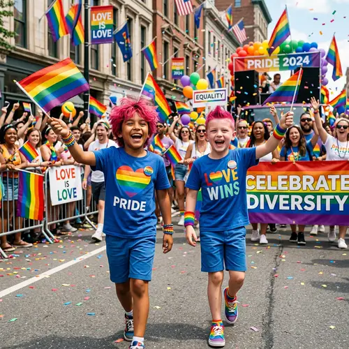 Vibrant Hispanic and Caucasian Boys Celebrate at Pride Parade
