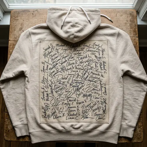 Beige Hoodie with Overlapping Signatures | Unique Fashion Apparel