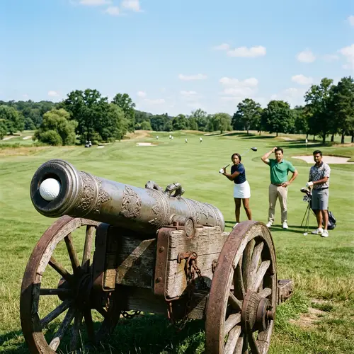 19th Century Style Steel Cannon with Ornate Decorations | Golf Course Scene
