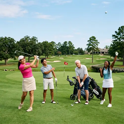 Diverse Golfers Enjoying Friendly Match at Beautiful Course