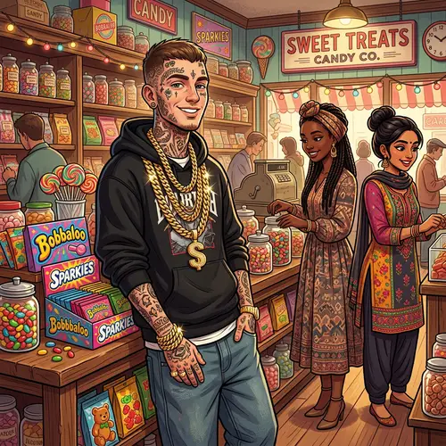 Animated Gangster Boy in Candy Store with Gold Chains