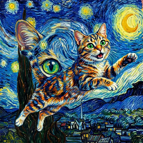 Whimsical Cat Art Inspired by Van Gogh