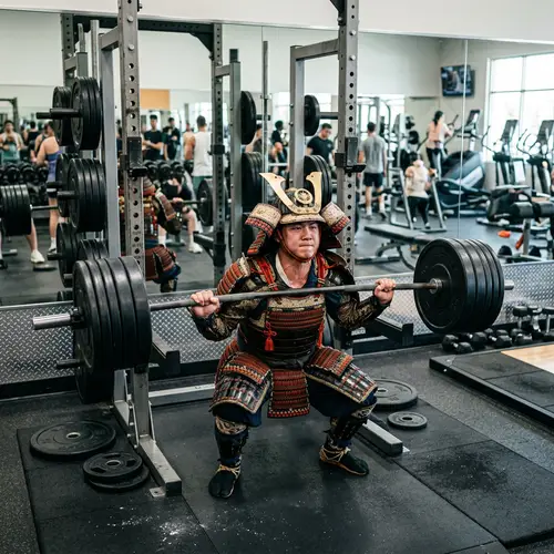 Young Shogun in Traditional Armor Works Out with Barbell in Gym