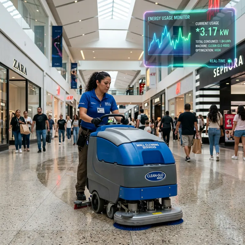 Hispanic Woman Operating Floor Scrubber in Mall with Energy Consumption Indicator Hispanic Woman Operating Floor Scrubber in Mall with Energy Consumption Indicator