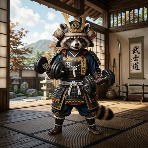 Raccoon Mascot in Shogun Armor Exercising with Dumbbells