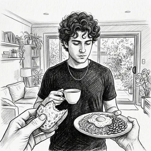 Young Man Enjoying Family Meal Sketch