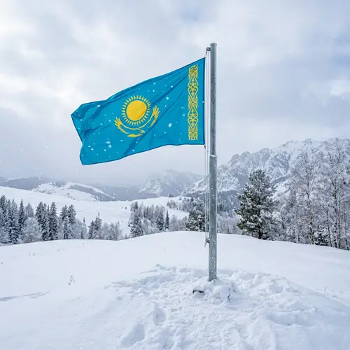 Flag of Kazakhstan Flutters in Snowy Winter Scene