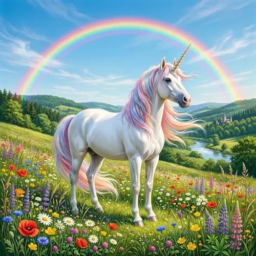 Majestic Unicorn in Lush Meadow | Rainbow Background