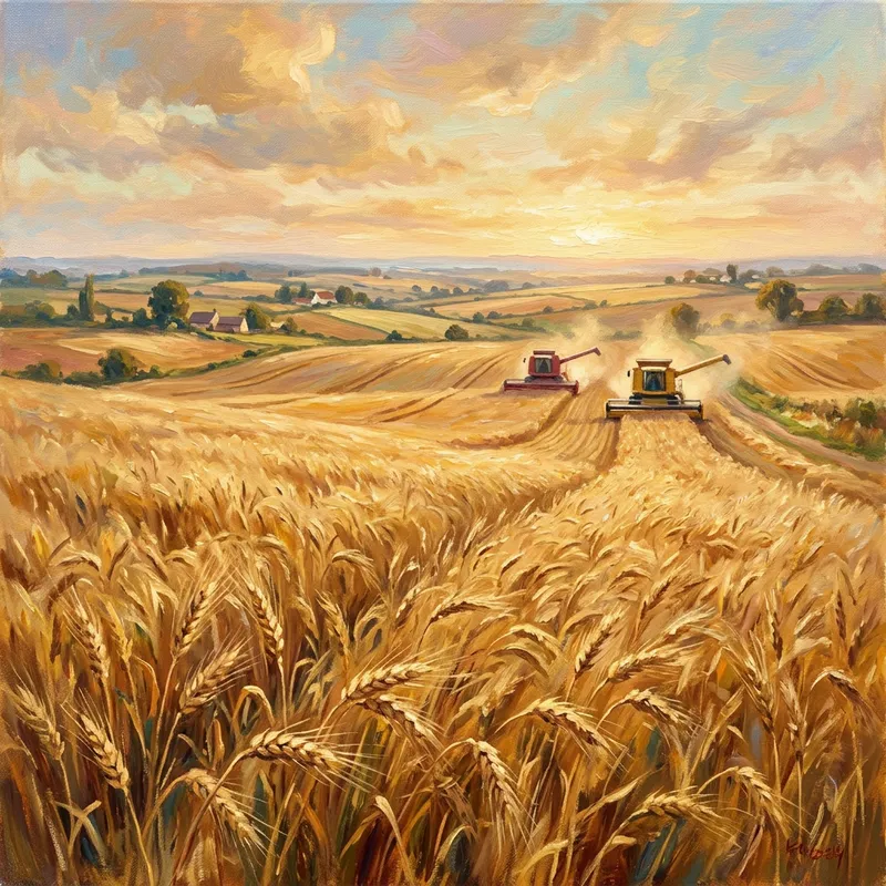 Golden Wheat Field with Harvesters in the Summer Sunlight