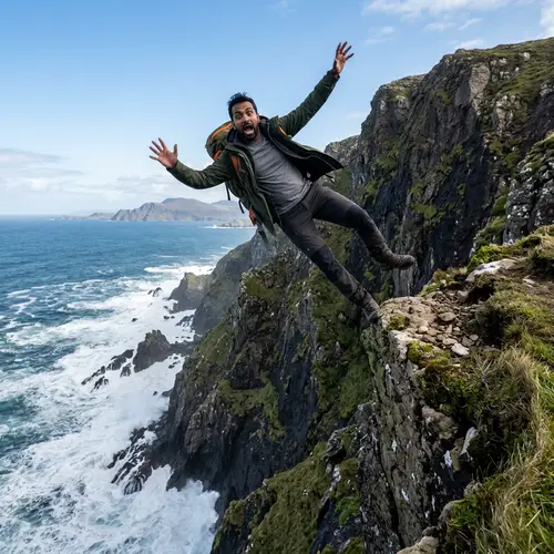 Surprised Hiker on Majestic Cliff Edge | Adventure Scene