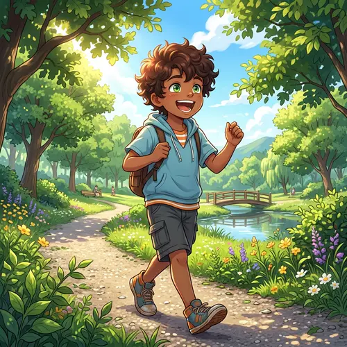 Anime Style Brown Skin Boy Outdoors with Curly Hair