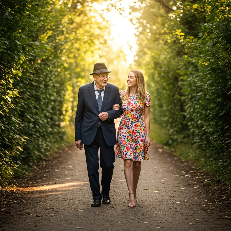 Elderly Man and Young Woman Strolling in the Park