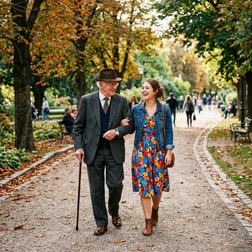 Elderly Man and Young Woman Strolling in the Park