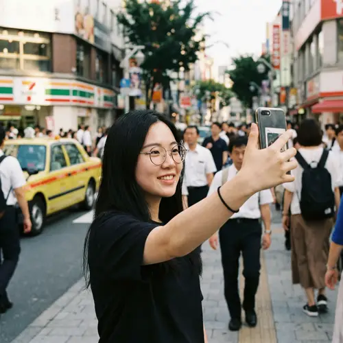 Asian Girl Taking a Selfie on City Street