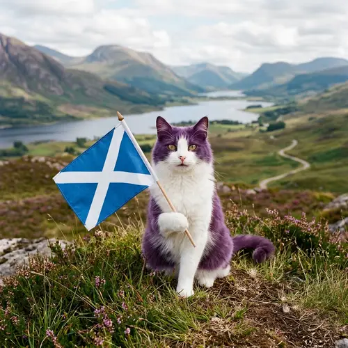 Purple and White Cat with Scotland Flag