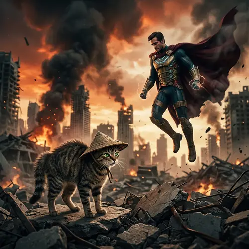 Catastrophic Battle: Cat vs Superhero in Apocalyptic Setting