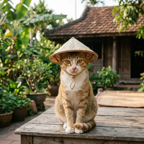 Adorable Cat Wearing Traditional Vietnamese Leaf Hat
