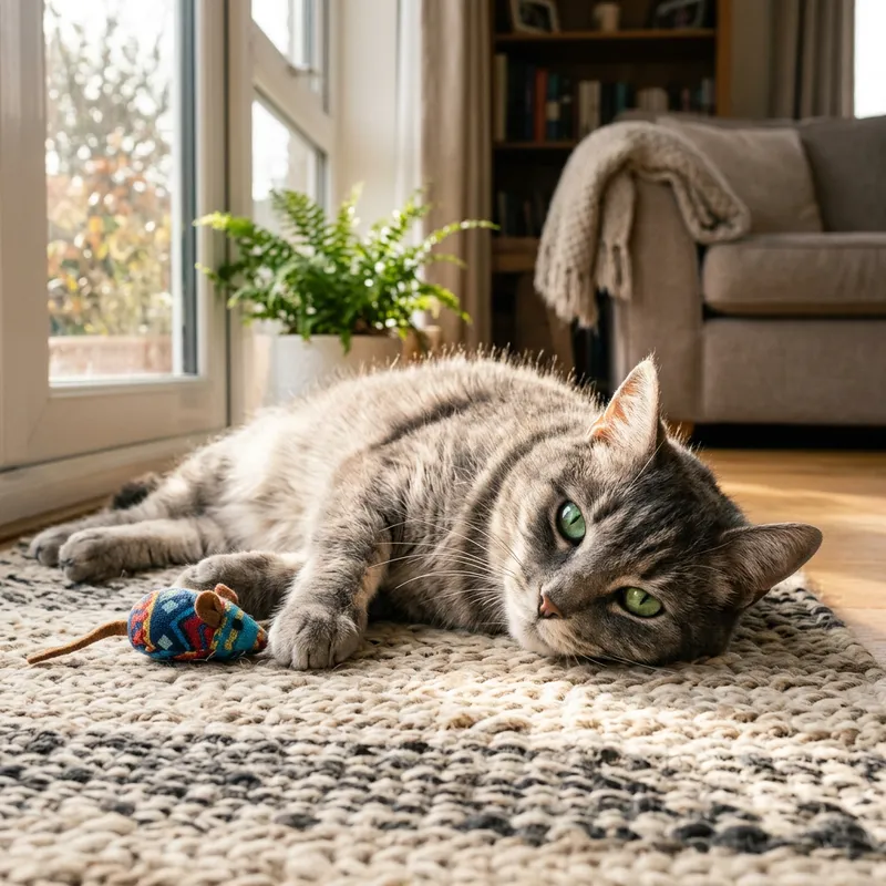 Beautiful Domestic Cat with Emerald-Green Eyes on Woven Rug