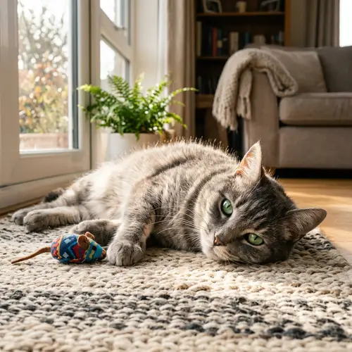 Emerald-Green Eyed Domestic Short-haired Cat on Woven Rug