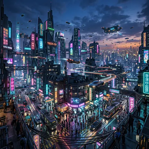 Futuristic Cyberpunk City Skyline at Dusk