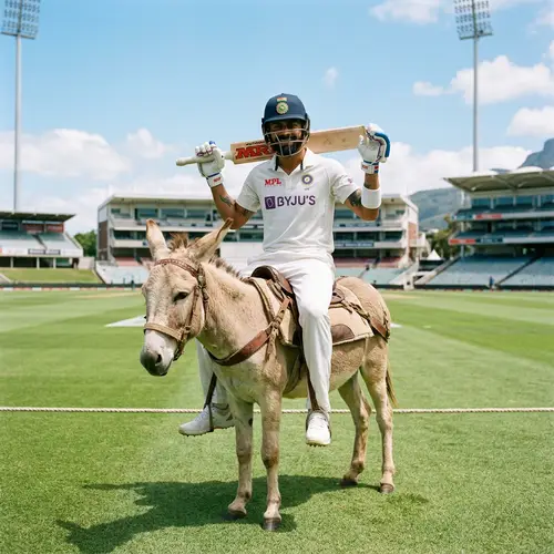 Professional South Asian Cricketer on Donkey in Green Field