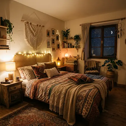 Warm Bohemian Style Bedroom with Double Bed and Starlit Night View