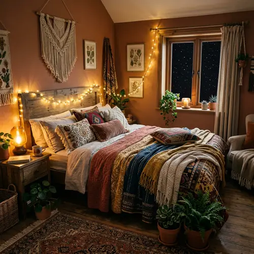 Cozy Bohemian-Style Bedroom with Double Bed and Starlit View