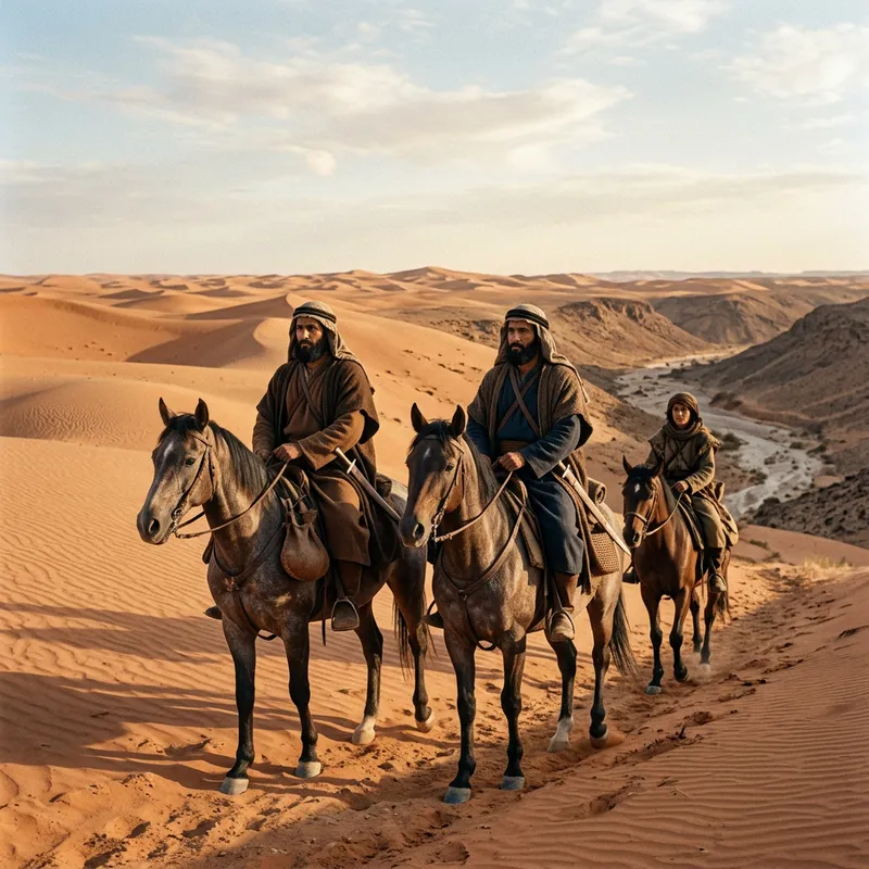 Arabian Men Riding Horses in Desert Near Valley - Pre-Islamic Era