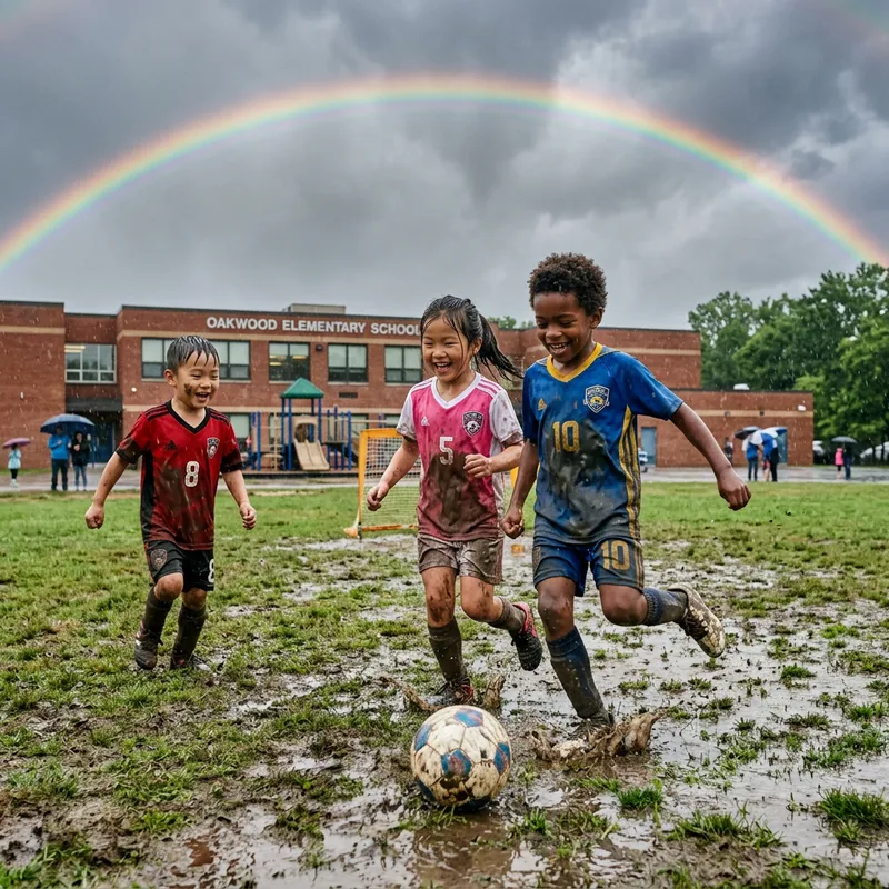 Three Cute Kids Playing Soccer in Rainbows at School