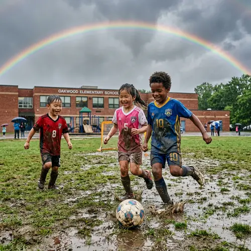 Adorable Children Playing Soccer in the Rain with Rainbow