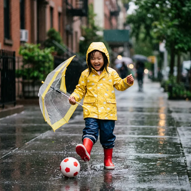 Adorable Child Playing Soccer in the Rain Adorable Child Playing Soccer in the Rain