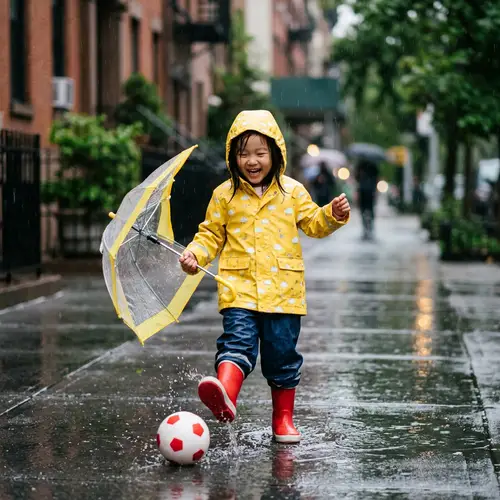 Joyful East Asian Child Playing in Rain with Umbrella
