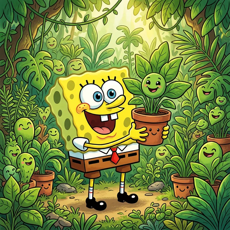 Cheerful Cartoon Sponge Character with Goofy Expression and Green Plants