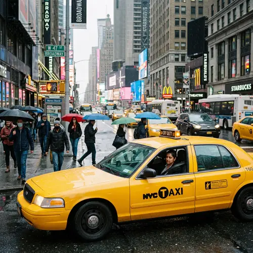 Vibrant City Street Scene with Yellow Taxi Cab and Rainfall