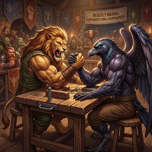 Lion Creature vs Bird Creature Arm Wrestling Battle