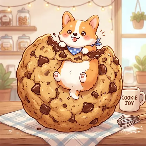 Kawaii Corgi on Chocolate Chip Cookie