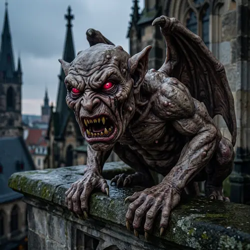 Creepy Gargoyle with Red Eyes and Tears